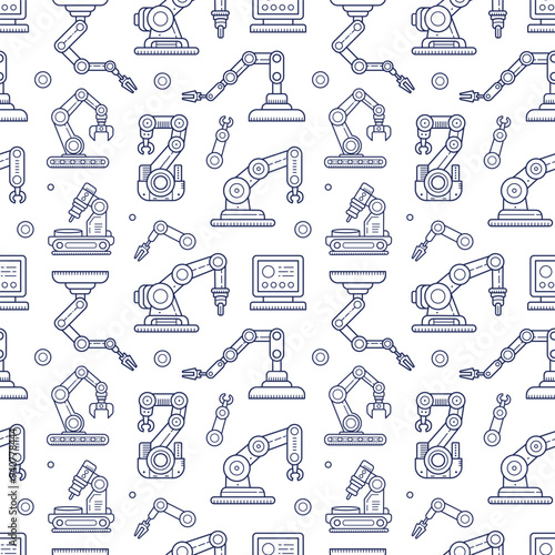 Automated robotic arm, Mechanical hand robot outline doodle hand drawn seamless pattern