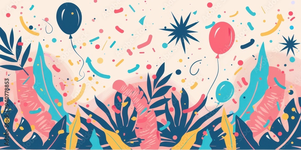A colorful and lively scene with a bunch of balloons and leaves A colorful and lively scene with a bunch of balloons and leaves