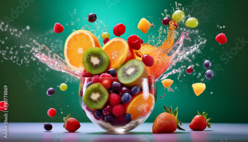 fruit explosion, with various fruits like berries, oranges, and kiwis bursting out of a glass