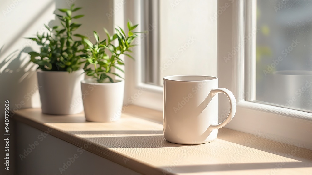 Fototapeta premium Sunlit coffee mug and potted plants on a windowsill in a bright morning