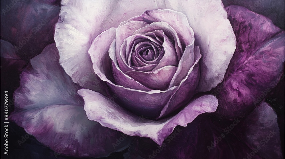 Oil Painting Flowers: Close-up of Purple Rose with Textured Petals in Oil Painting Style. Oil Painting Flowers: Close-up of Purple Rose with Textured Petals in Oil Painting Style.