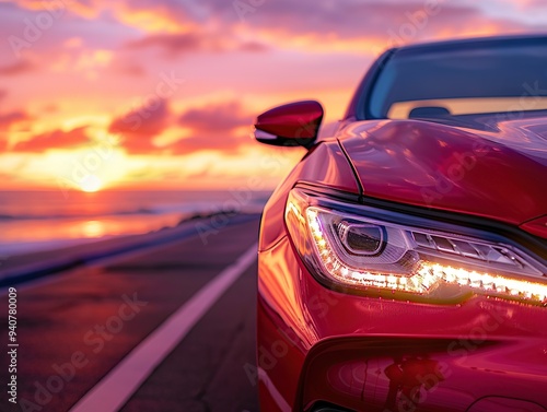 Red car on the road at sunset. Car on the road at sunset. photo