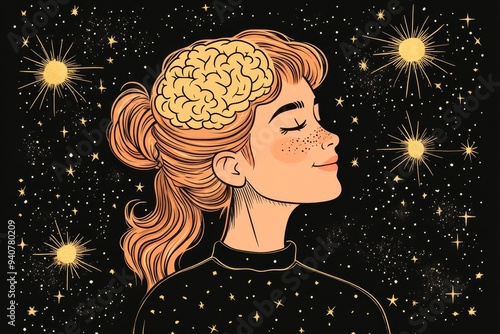 Whimsical illustration of a woman surrounded by cosmic elements with her brain as the center representing universal thoughts creativity and the boundless possibilities of the human mind photo