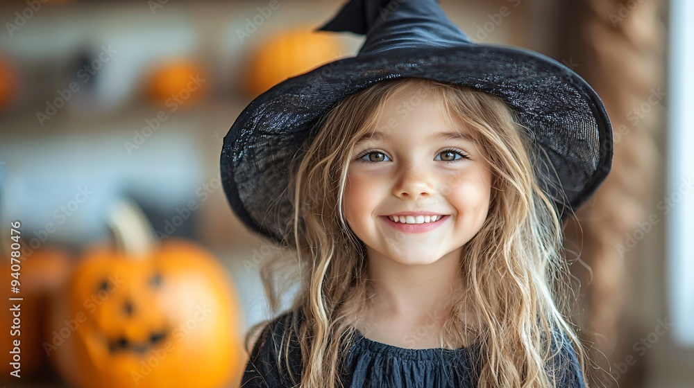 A smiling child dressed in a witch costume, perfect for Halloween celebrations and themed events, featuring vibrant pumpkins and with copy space. A smiling child dressed in a witch costume, perfect for Halloween celebrations and themed events, featuring vibrant pumpkins and with copy space.