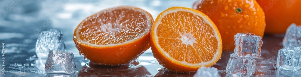 orange fruit and slices with melting ice cubes and water splashes effects . aspect ratio 4157:1058 orange fruit and slices with melting ice cubes and water splashes effects . aspect ratio 4157:1058