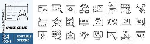 Cyber crime web line icons. cyber attack, hacker, unprotected, padlock, privacy, virus scan.