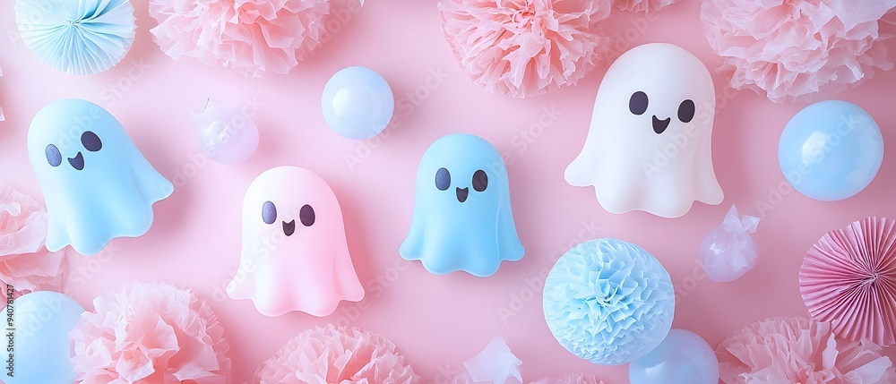 Cute and Kawaii Pastel Colored Ghost Themed Party Accessories with Copyspace for Text Soft Fluffy and Whimsical Halloween Concept Cute and Kawaii Pastel Colored Ghost Themed Party Accessories with Copyspace for Text Soft Fluffy and Whimsical Halloween Concept