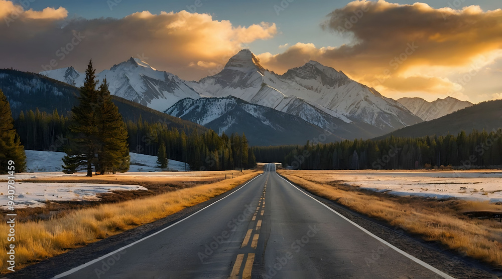 Empty Road Leading Through Snowy Mountain Range at Sunset Empty Road Leading Through Snowy Mountain Range at Sunset