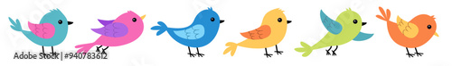 Cute bird icon set line. Kawaii cartoon funny baby character. Different birds collection. Decoration element. Colorful sticker print. Childish style. Flat design. Isolated. White background. Vector
