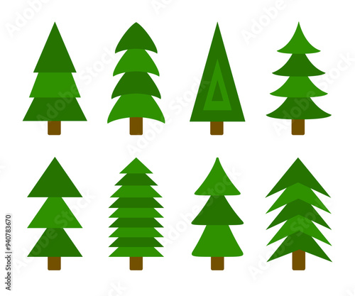 Fir tree collection. Christmas tree set. Green pine trees. New Year winter sign symbol. Greeting card, banner, web, sticker print template. Different shape. Flat design. White background. Vector