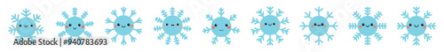 Snowflake icon set line. Different shape, face emotions, sign. Cute cartoon kawaii funny baby character. Snowflakes collection. Blue color. Childish style. Flat design White background Isolated Vector