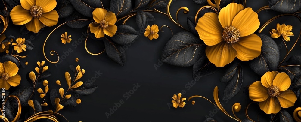 3D yellow flowers with swirls and golden leaves on a black background, 3D yellow flowers with swirls and golden leaves on a black background,