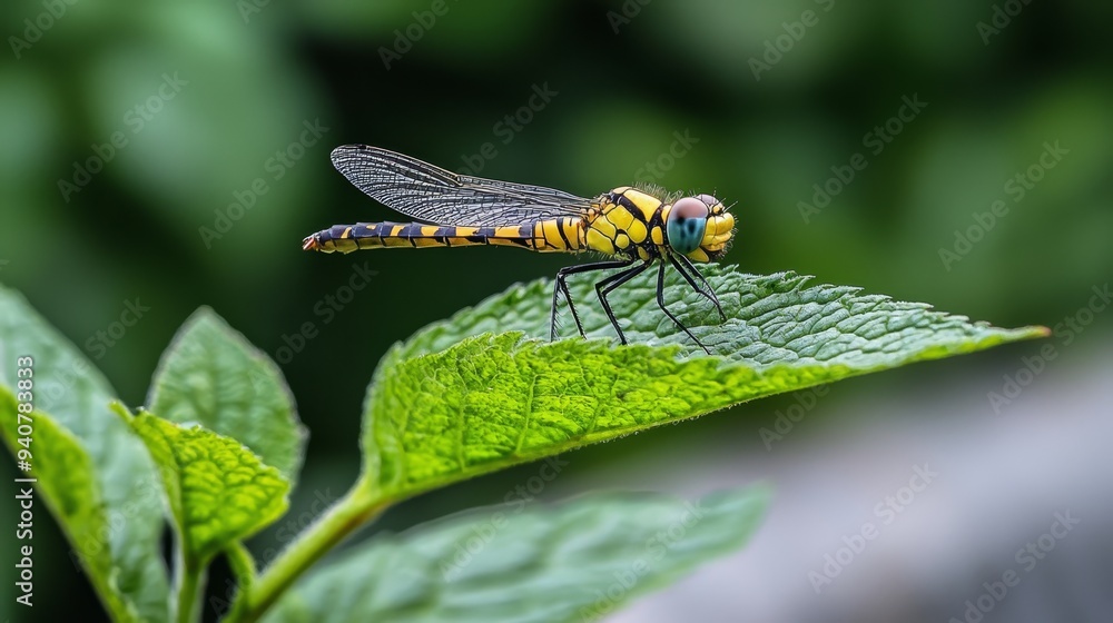 A fly perches on a verdant leaf, its wings adorned with intricate patterns of yellow and black stripes A fly perches on a verdant leaf, its wings adorned with intricate patterns of yellow and black stripes