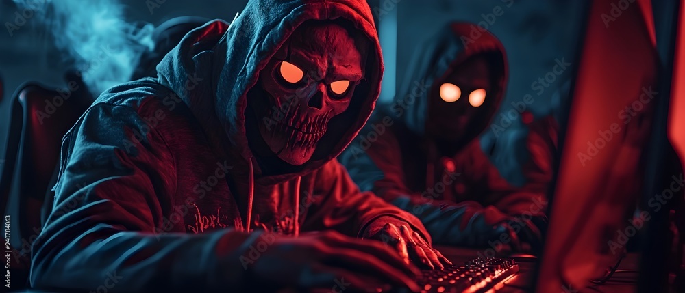 A group of cyberpunk styled hackers are depicted breaching a haunted digital system on Halloween night A group of cyberpunk styled hackers are depicted breaching a haunted digital system on Halloween night