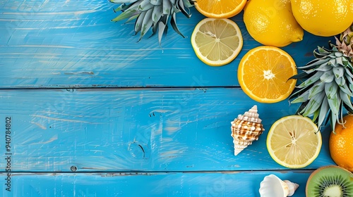 Mock up, top view and coppy sppace a citrus fresh food, summer holidays, orange, kiwi, pineapple, lemon and sea shell on blue wooden background, Generative AI illustrations.  photo