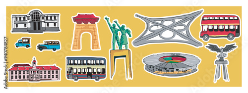 vector set of landmark cities, monuments, and transportation