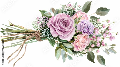 A small size Wedding hand held bouquet showing stems with twine and ribbon around stems, pink and light purple david austin rose and peony, Generative AI illustrations.  photo