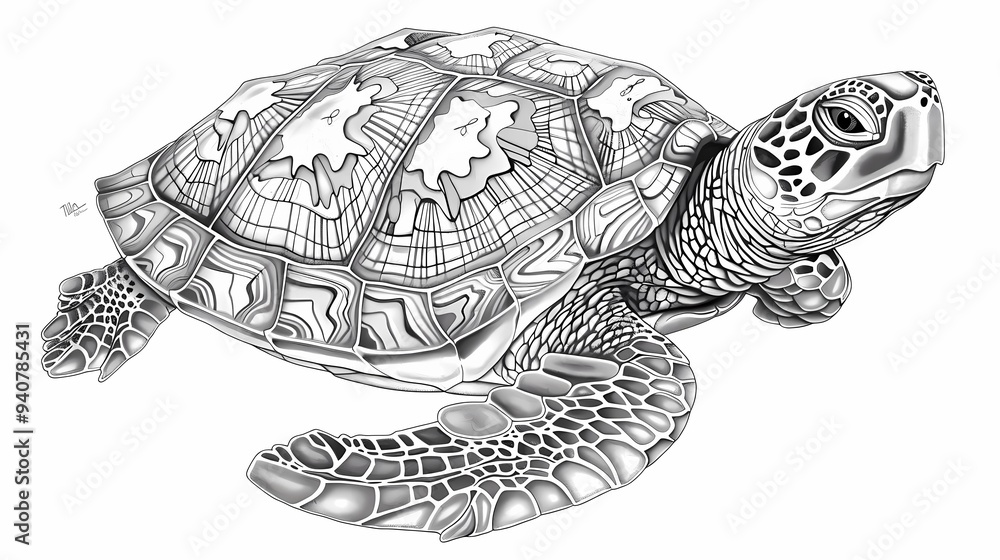 Fototapeta premium Illustrations of a turtle with patterned skin, thick lines, low details, no shading, no greys, no shadows, black and white, Generative AI illustrations. 