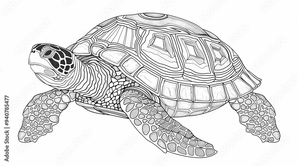 Fototapeta premium Illustrations of a turtle with patterned skin, thick lines, low details, no shading, no greys, no shadows, black and white, Generative AI illustrations. 