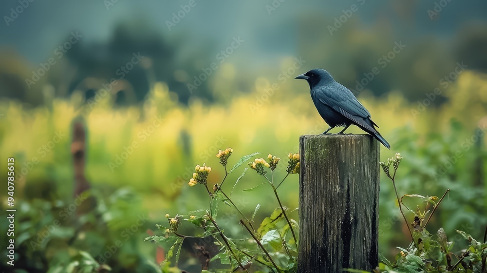 A black bird perches atop a weathered wood post, surrounded by a lush expanse of green grass and golden wildflowers A black bird perches atop a weathered wood post, surrounded by a lush expanse of green grass and golden wildflowers