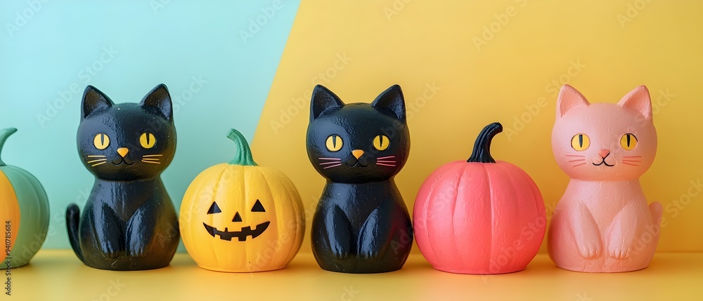 Kawaii Halloween decor featuring adorable black cat figures and pastel colored pumpkins arranged in a still life composition  Festive and cozy seasonal display with a spooky yet charming vibe