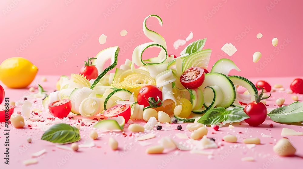 A create a minimalist image of a salad incorporating the following ingredients, sliced, ribbons, Cherry, tomatoes, Pine, nuts, Parmesan, cheese, Lemon, dressing, Generative AI illustrations. A create a minimalist image of a salad incorporating the following ingredients, sliced, ribbons, Cherry, tomatoes, Pine, nuts, Parmesan, cheese, Lemon, dressing, Generative AI illustrations.