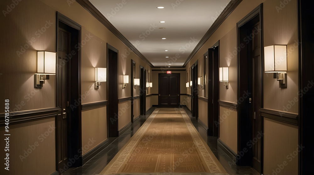 The hotel hallway was long and dimly lit with doors and lights The hotel hallway was long and dimly lit with doors and lights