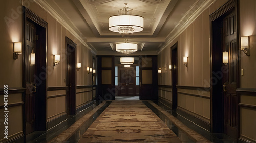 Luxury Hotel Corridor with Ornate Doors and Lighting