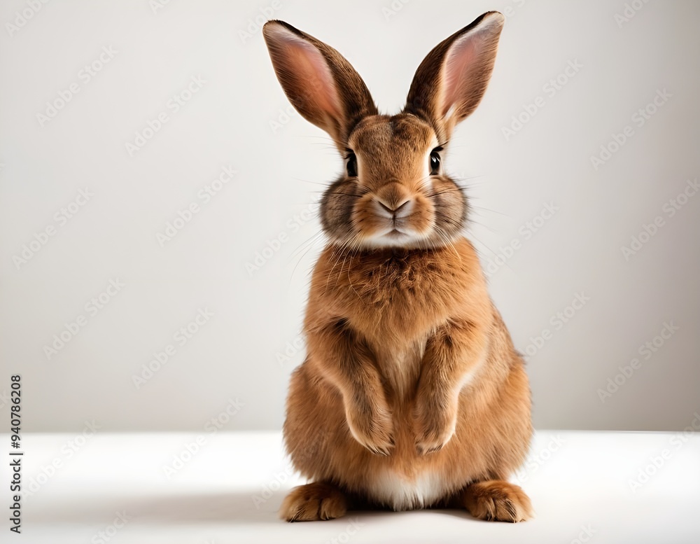 Obraz premium Curious rabbit sitting upright on a wooden surface against a soft beige background in indoor setting
