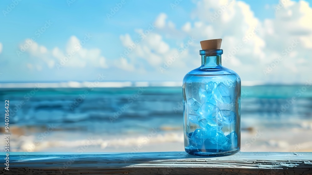 A crystal blue bottle, seaside, background ocean, Generative AI illustrations. A crystal blue bottle, seaside, background ocean, Generative AI illustrations.