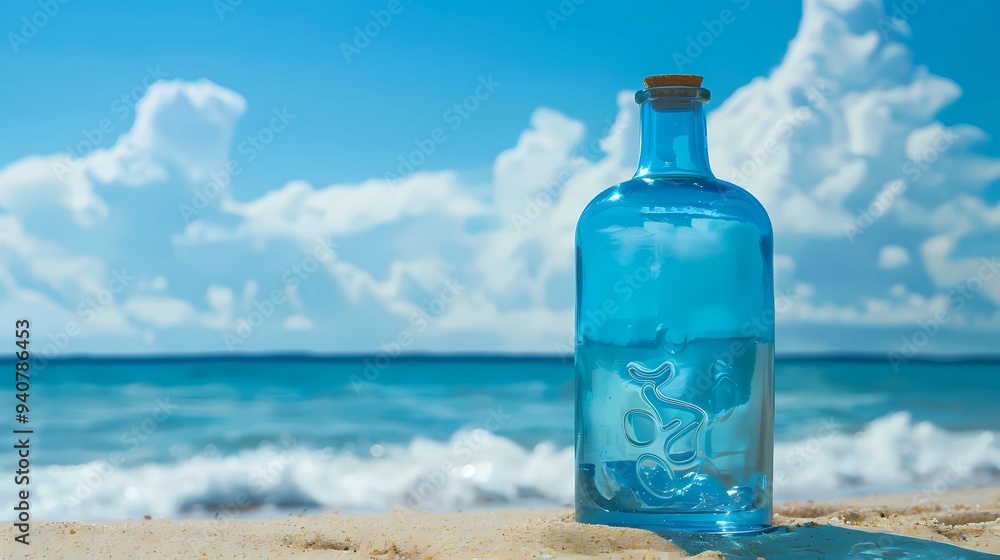 A crystal blue bottle, seaside, background ocean, Generative AI illustrations. A crystal blue bottle, seaside, background ocean, Generative AI illustrations.