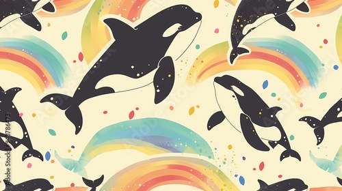 A cute cartoon, rainbow orcas jumping, repeating pattern, Generative AI illustrations. photo