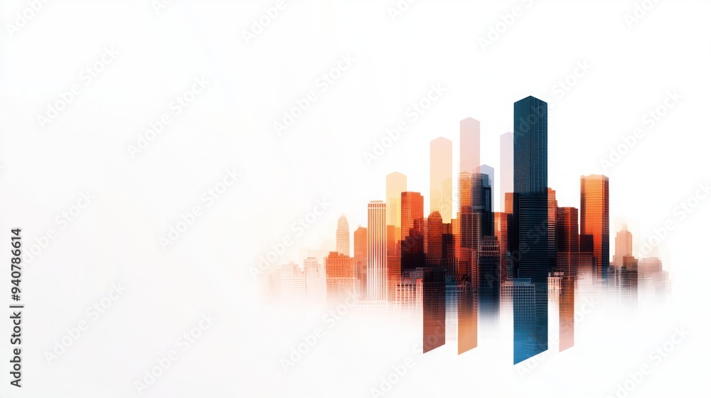 Abstract view of a city skyline influenced by economic policy changes, represented by digital overlays of economic data Abstract view of a city skyline influenced by economic policy changes, represented by digital overlays of economic data
