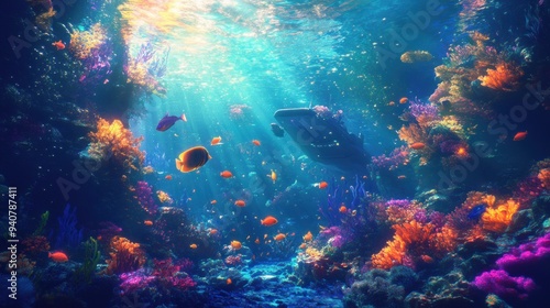 Wallpaper Mural Sunlight filtering through a neon-hued underwater world, futuristic submarines, glowing fish, highly detailed aquatic scene Torontodigital.ca