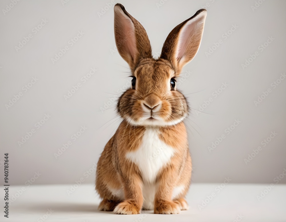 Fototapeta premium Curious rabbit sitting upright on a wooden surface against a soft beige background in indoor setting