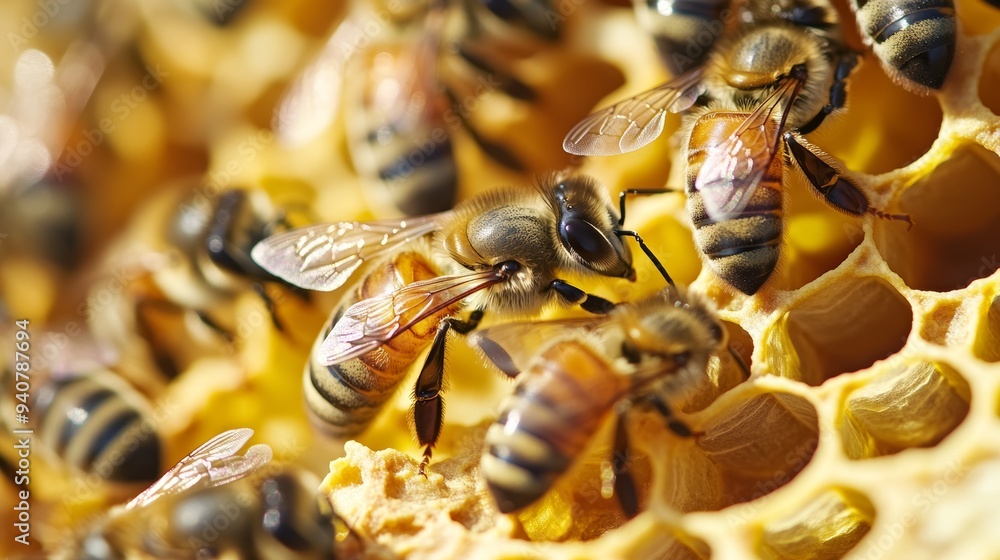 Industrious bees swarm within their hive, diligently tending to honeycomb amidst the midday sun's warmth, producing the golden nectar we know as honey. Industrious bees swarm within their hive, diligently tending to honeycomb amidst the midday sun's warmth, producing the golden nectar we know as honey.
