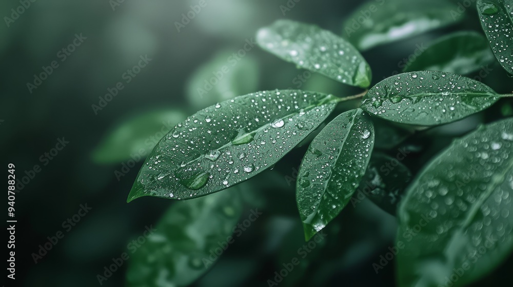 Fototapeta premium A tight shot of a wet, green leaf, adorned with water droplets, against a softly blurred backdrop of similar leaves and water-speckled foliage
