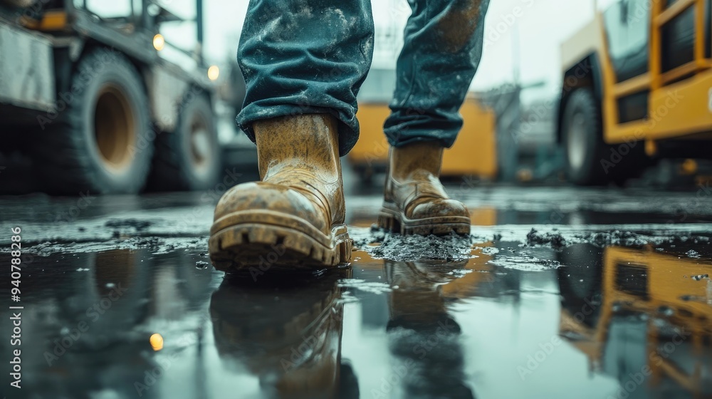 Worker on Wet Floor at a Construction Site, Emphasizing Accident Risks Worker on Wet Floor at a Construction Site, Emphasizing Accident Risks