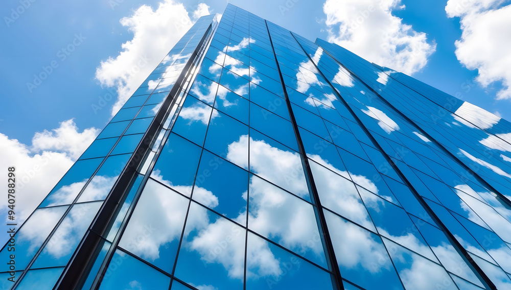 Reflective Glass Facade of a Modern Building with Clouds Reflected in the Windows Reflective Glass Facade of a Modern Building with Clouds Reflected in the Windows