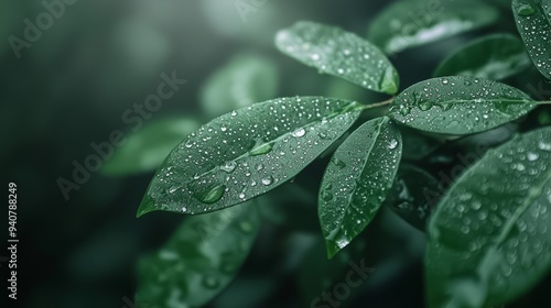  A tight shot of a wet, green leaf, adorned with water droplets, against a softly blurred backdrop of similar leaves and water-speckled foliage