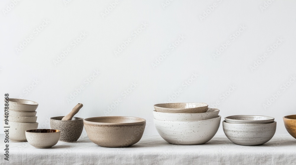 Kitchenware including a cupboard and bowls are arranged on a table against a white backdrop, leaving ample space for text. This setting evokes the concept of home kitchen decor. Kitchenware including a cupboard and bowls are arranged on a table against a white backdrop, leaving ample space for text. This setting evokes the concept of home kitchen decor.