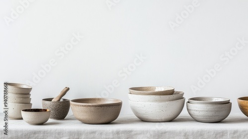 Kitchenware including a cupboard and bowls are arranged on a table against a white backdrop, leaving ample space for text. This setting evokes the concept of home kitchen decor.