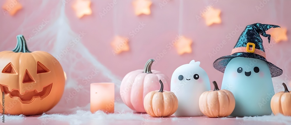 Fototapeta premium Cute and whimsical kawaii style Halloween characters dressed in pastel costumes gathered around pumpkin lanterns and other festive to celebrate the spooky season