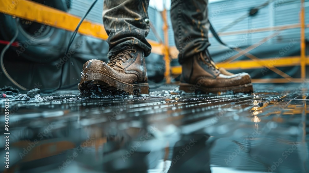 Worker on Wet Floor at a Construction Site, Emphasizing Accident Risks Worker on Wet Floor at a Construction Site, Emphasizing Accident Risks