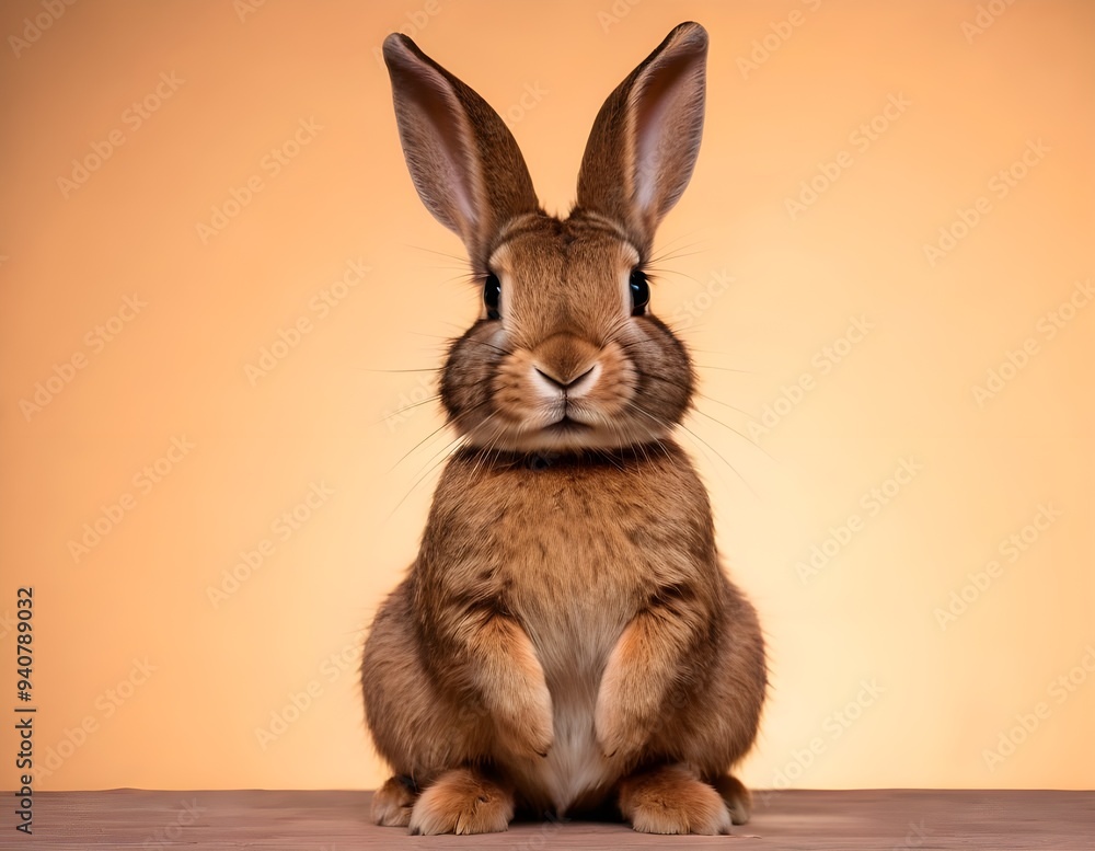 Fototapeta premium Curious rabbit sitting upright on a wooden surface against a soft beige background in indoor setting