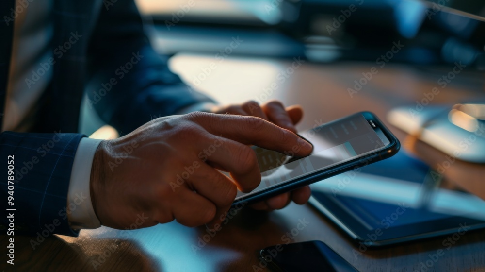 Professional businessperson using smartphone at modern desk with blurred screen close-up, hands in business attire, bright and high-definition image. Professional businessperson using smartphone at modern desk with blurred screen close-up, hands in business attire, bright and high-definition image.