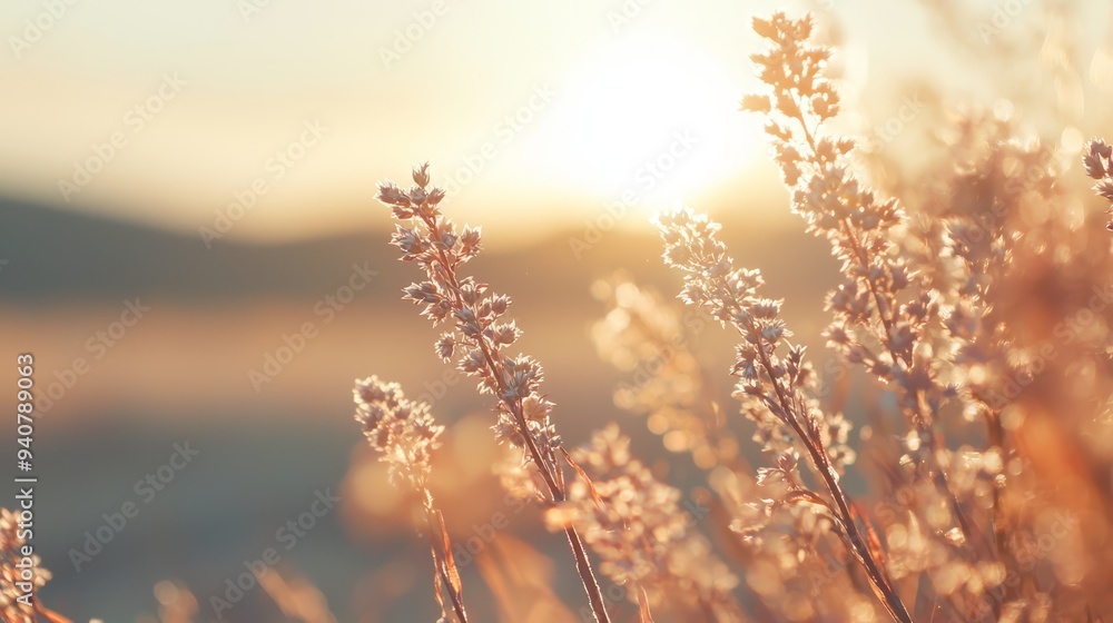 the background radiates sunlight, while grass in the foreground is softly blurred the background radiates sunlight, while grass in the foreground is softly blurred