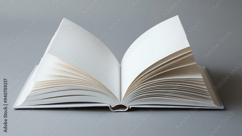 Fototapeta premium A blank, white book open with pages fanned out on a gray background.