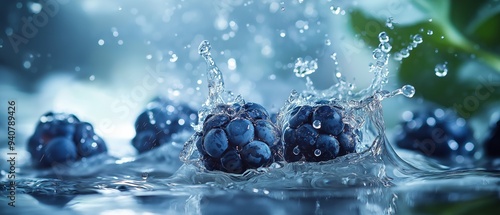 Wallpaper Mural blackberry fruit with melting ice cubes and water splashes effects . aspect ratio 7:3 Torontodigital.ca