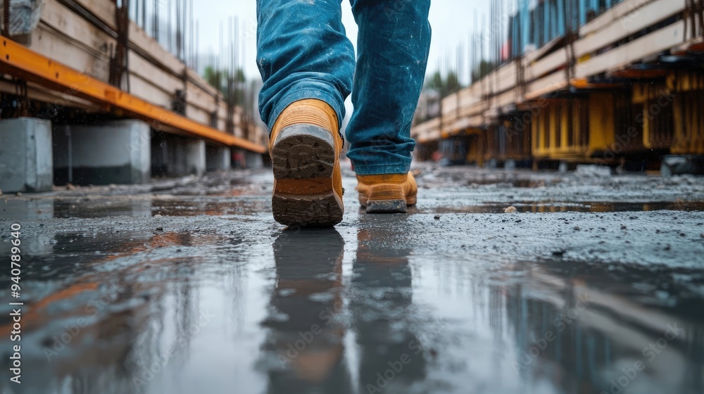 Worker on Wet Floor at a Construction Site, Emphasizing Accident Risks Worker on Wet Floor at a Construction Site, Emphasizing Accident Risks